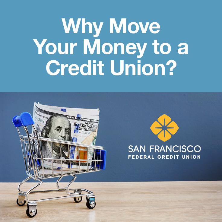 A tiny shopping cart with cash in it, placed on a table, and the image shows text: Why Move Your Money to a Credit Union?