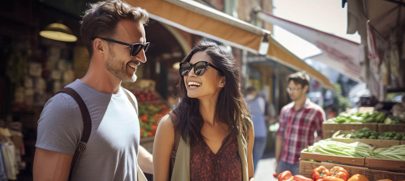 A couple shops at a farmer's market