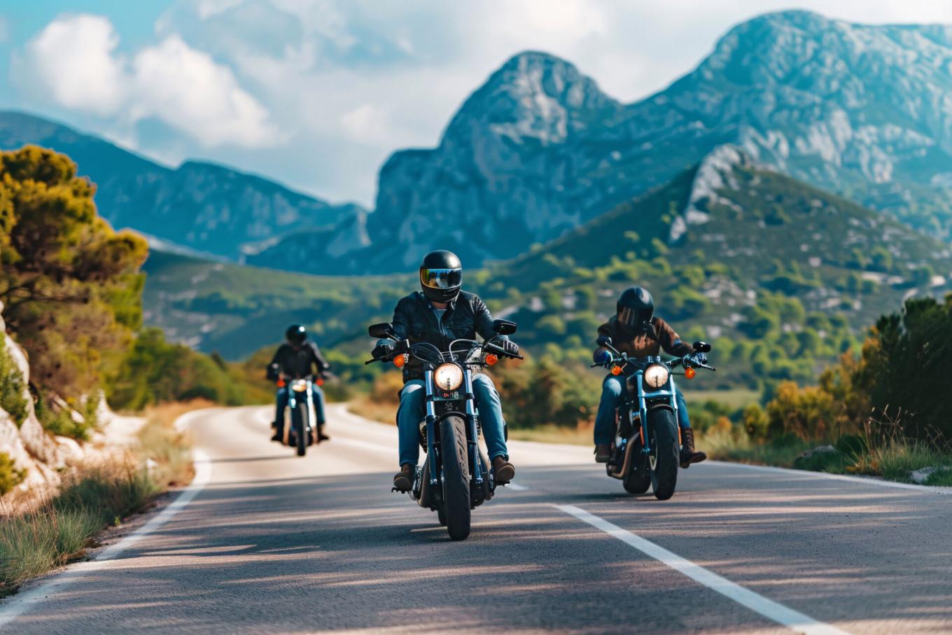 3 people on motorcycles facing the camera driving down a road